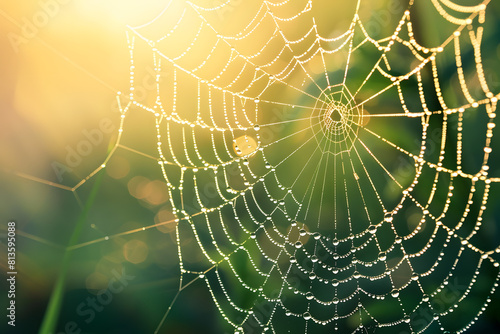 A macro shot of morning dew on a spider web, with sunlight filtering through, highlighting the intricacy of nature