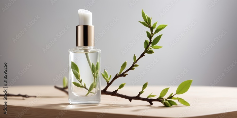 white makeup bottle on board, there is a branch with green bud white makeup bottle on board, there is a branch with green bud