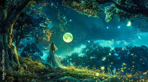 Mystical scene with a woman walking under the moon in a glowing, enchanted forest filled with magical fireflies