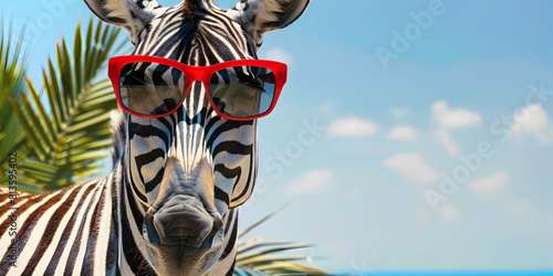 Portrait Of Zebra With Glasses cloudy blue sky background.