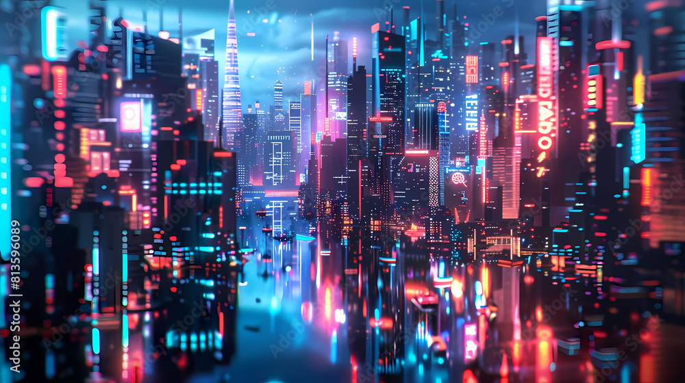 abstract neon cityscape featuring a towering skyscraper, a bustling street with colorful lights, and a serene river flowing through the center abstract neon cityscape featuring a towering skyscraper, a bustling street with colorful lights, and a serene river flowing through the center