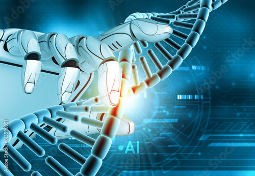 Robotic hand touch a dna strand. 3d illustration.
