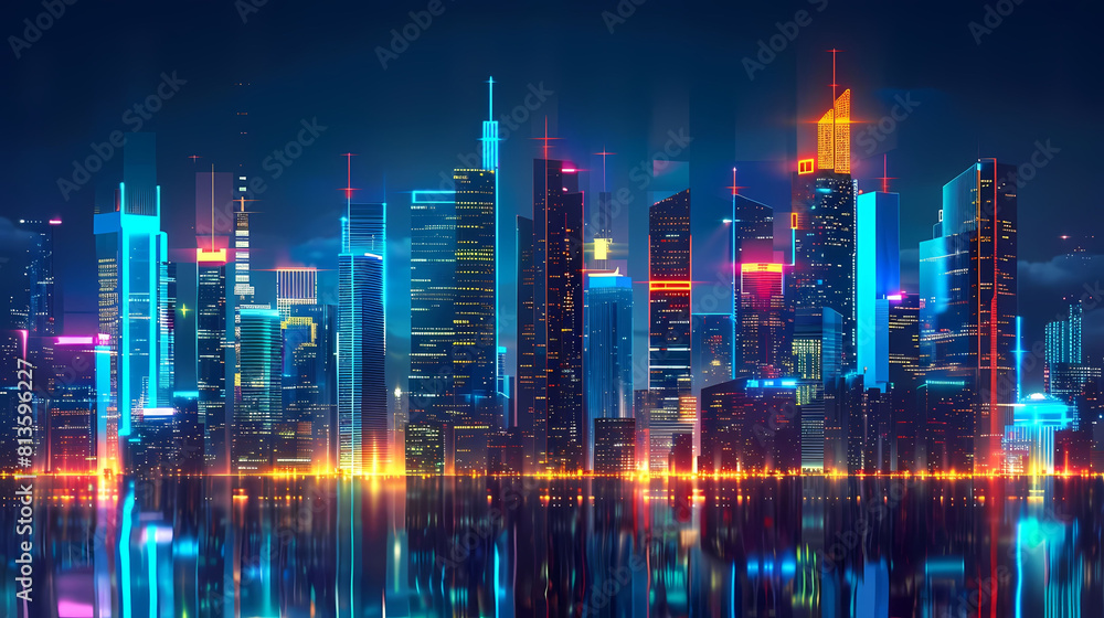 abstract neon cityscape featuring a towering skyscraper, a bustling street, and a serene river flowing through the center