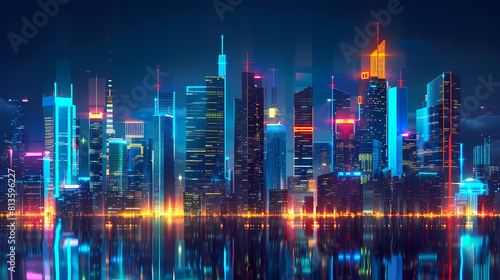 abstract neon cityscape featuring a towering skyscraper  a bustling street  and a serene river flowing through the center