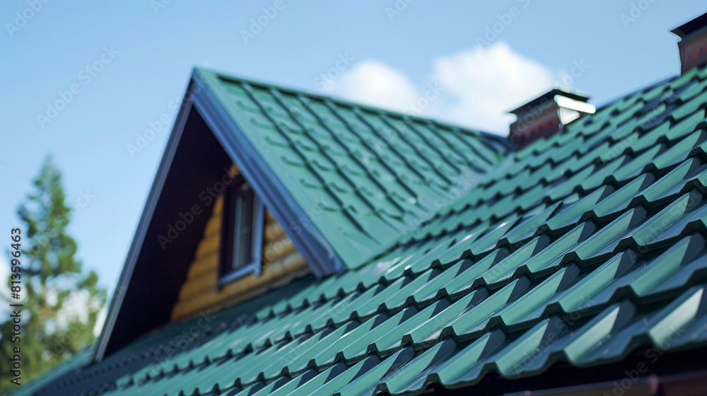 Close-Up view of green metal roof tiles on residential