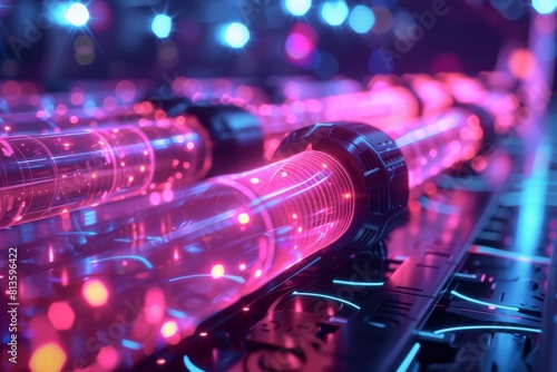 A series of glowing tubes are shown in a neon pink color