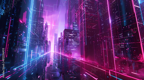 abstract neon cyberpunk cityscape featuring a towering skyscraper  a bustling street  and a bustling river