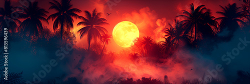 Orange afterglow decorates the sky as a full moon rises over a tropical forest