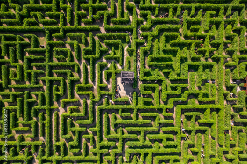Foto Aerial view of people trying to find exit in a labyrinth garden at sunny day