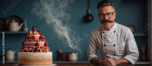 Professional pastry chef proudly presents a freshly made cake, garnished with fresh fruits, in an elegant and modern kitchen environment