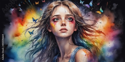 Watercolor girl with butterflies