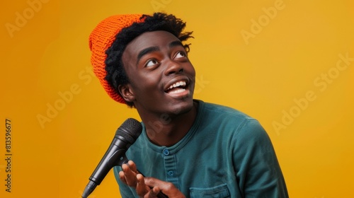 Man with Microphone Smiling Joyfully photo