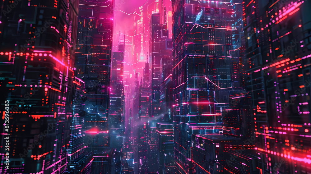 abstract neon cyberpunk cityscape featuring a towering skyscraper, a bustling street, and a bustling river