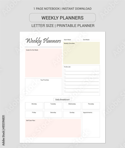 Weekly Planners Notes | Weekly Planners Notebook |Weekly Planners Workbook | Weekly Planners Log Book | Notebook Printable Planner | Letter Size