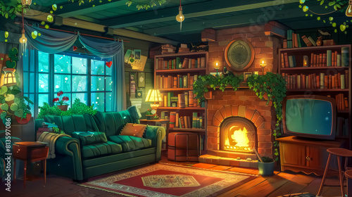Cozy living room with fireplace and bookshelves