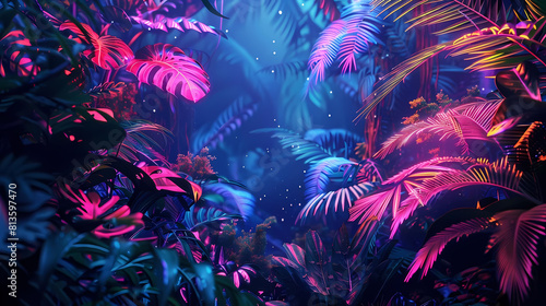 abstract neon jungle nightscape featuring a vibrant red and pink flower photo