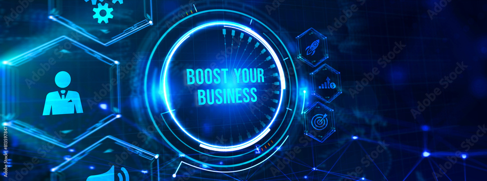 Business, Technology, Internet and network concept. Young businessman shows the word: Boost your business. 3d illustration Business, Technology, Internet and network concept. Young businessman shows the word: Boost your business. 3d illustration