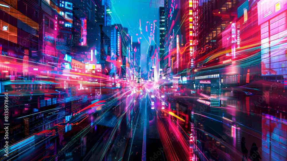 abstract neon metropolis cityscape featuring a towering skyscraper, a bustling street with colorful lights, and a bustling river flowing through the center abstract neon metropolis cityscape featuring a towering skyscraper, a bustling street with colorful lights, and a bustling river flowing through the center