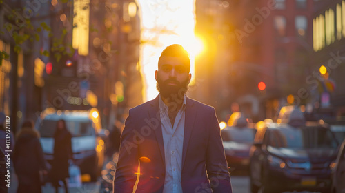 A black-haired guy with a well-groomed beard strolling along the London embankment in a gray jacket.