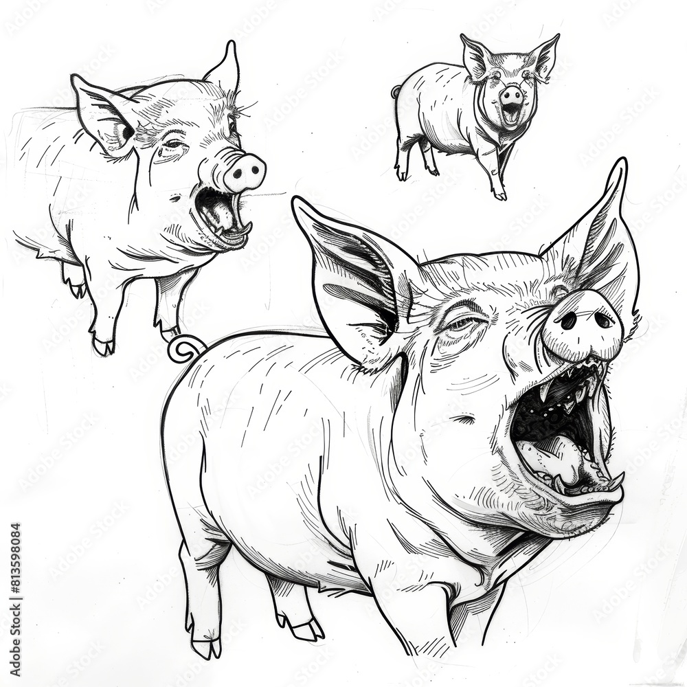 Fototapeta premium Expressive Pig Characters in Zen Calligraphy Style