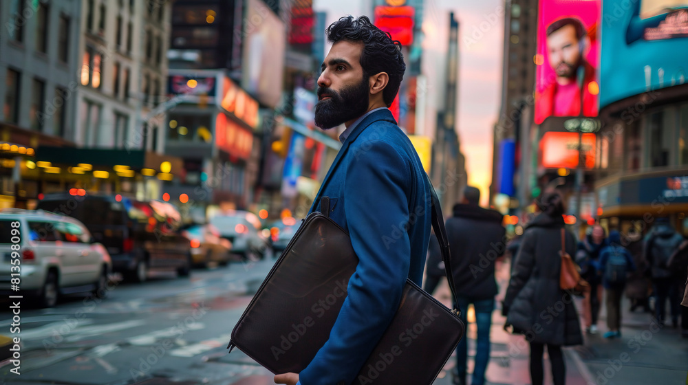 Fototapeta premium A dark-skinned guy with a curly beard walking along the alleys of Milan in a brown coat.