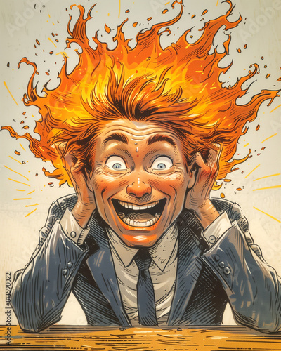 Man in suit with fire for hair, happy smile, art paint event photo