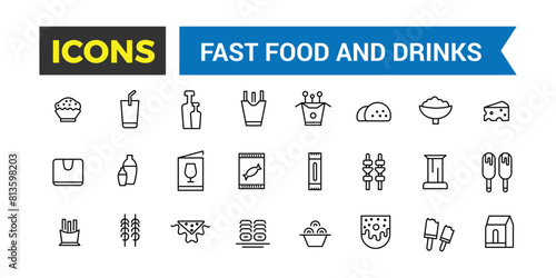 Fast Food And Drinks Line Icons Collection, Bar, Restaurant, Food Icons, Ui Icon Set, Thin Outline Icons Pack, Vector Illustration