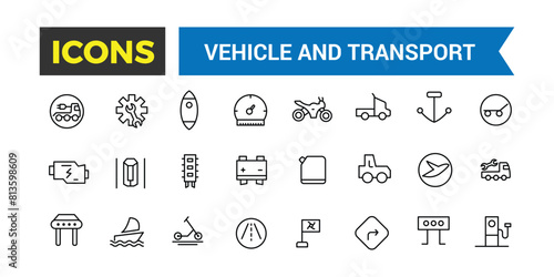Vehicle And Transport Line Icons Collection, Big Ui Icon Set In A Flat Design, Thin Outline Icons Pack, Vector Illustration
