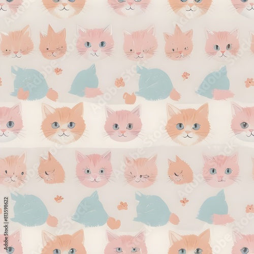 Wallpaper Mural Seamless pattern with cute kittens in soft colors, with spaces in between, on white back ground Torontodigital.ca