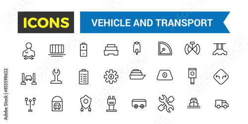 Vehicle And Transport Line Icons Collection, Big Ui Icon Set In A Flat Design, Thin Outline Icons Pack, Vector Illustration