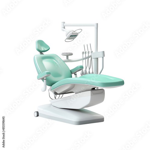 Modern green mint color dentist chair with all the necessary tools for examination and treatment of patients.
