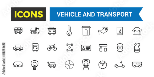 Vehicle And Transport Line Icons Collection, Big Ui Icon Set In A Flat Design, Thin Outline Icons Pack, Vector Illustration
