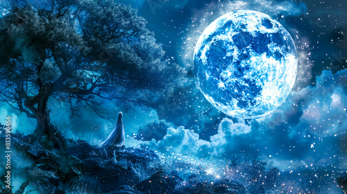 Surreal depiction of a cloaked figure under a luminous full moon in a magical blue-toned forest setting, evoking otherworldly mystery