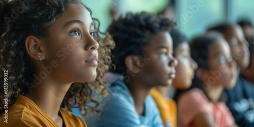 a group of mixed race 13 year old students listening to a lecture about human trafficking with a long depth of field