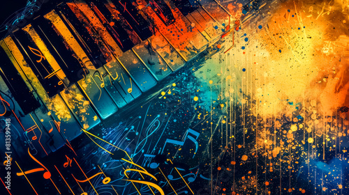 Abstract colorful music explosion with piano keys