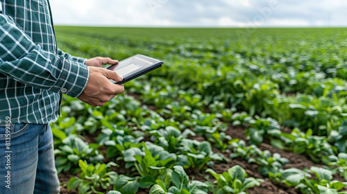 A man is holding a tablet in a field of green plants. Concept of productivity and technological advancement in agriculture