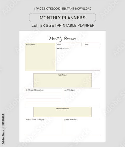 Monthly Planners  Notes | Monthly Planners  Notebook |Monthly Planners  Workbook | Monthly Planners  Log Book | Notebook Printable Planner | Letter Size