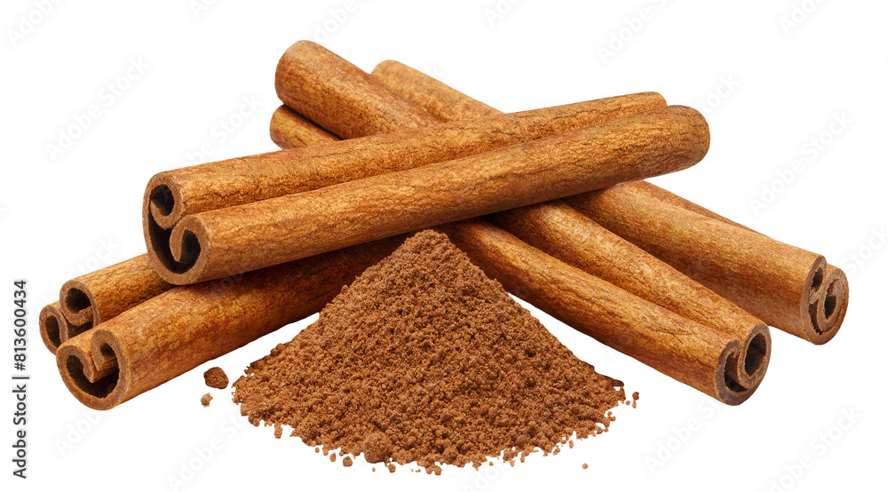 Delicious cinnamon sticks and cinnamon powder, cut out Delicious cinnamon sticks and cinnamon powder, cut out