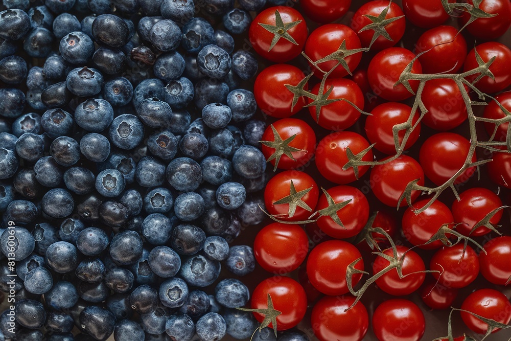 Close-up full frame freshness of blueberries and cherry tomatoes