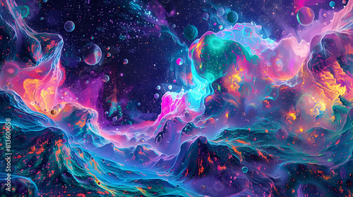 abstract psychedelic cosmos background featuring a colorful array of shapes and sizes  including a star  a planet  and a galaxy