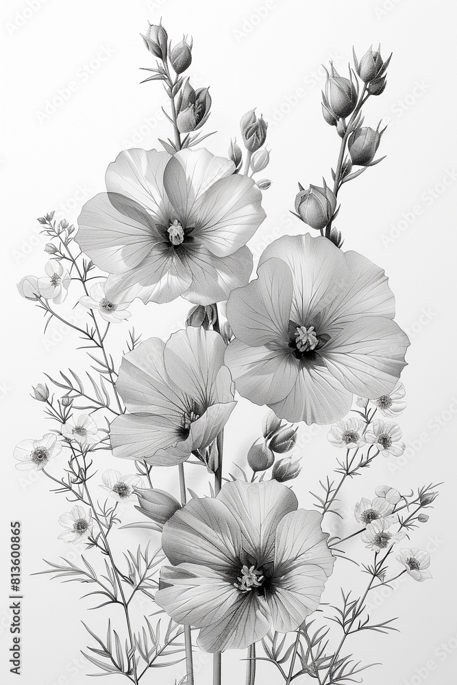 isolated on a white background, in the style of line art, pressed wildflowers isolated on a white background, in the style of line art, pressed wildflowers