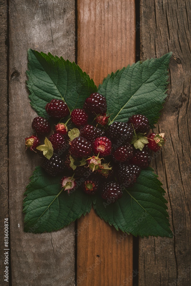 Fresh blackberry with leaves on wooden background Fresh blackberry with leaves on wooden background