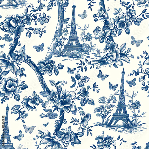 french toile pattern with eiffel towers and florals