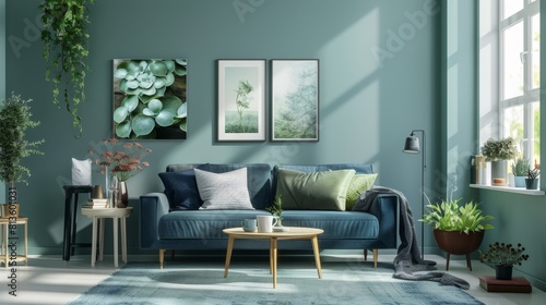 Sleek Modern Living Room with Green Walls and Spacious Design, Perfect for Contemporary Home Magazines and Design Blogs photo