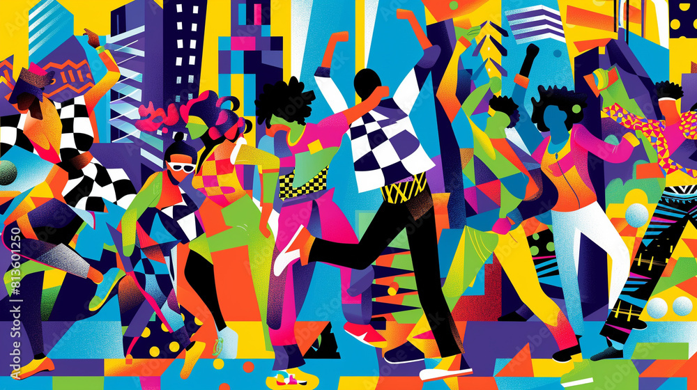 2D vector illustration of a lively street dance competition set in a bustling urban environment