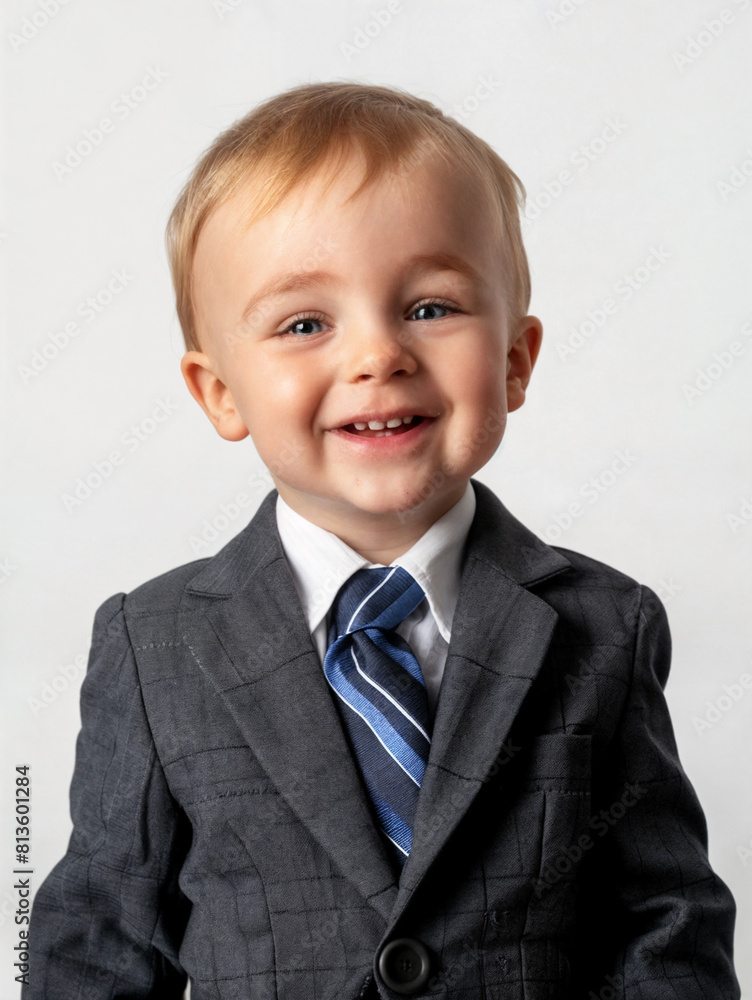 Smiling child dressed in an adult suit. Boy with an happy face. Child businessman on white background Smiling child dressed in an adult suit. Boy with an happy face. Child businessman on white background