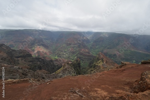 Landscape of st Waimea rocky Canyon State Park in Hawaii with cloudy sky