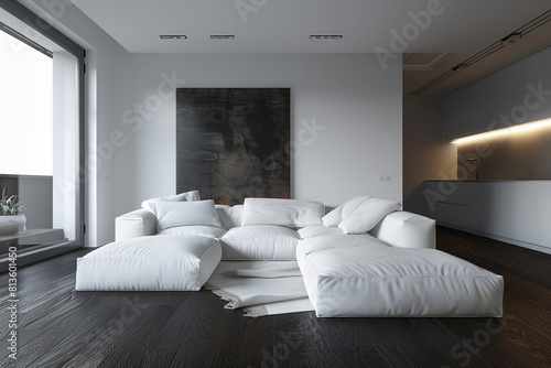 Modern minimalist living room with dark wood floors, a white sectional sofa, and minimal wall art.