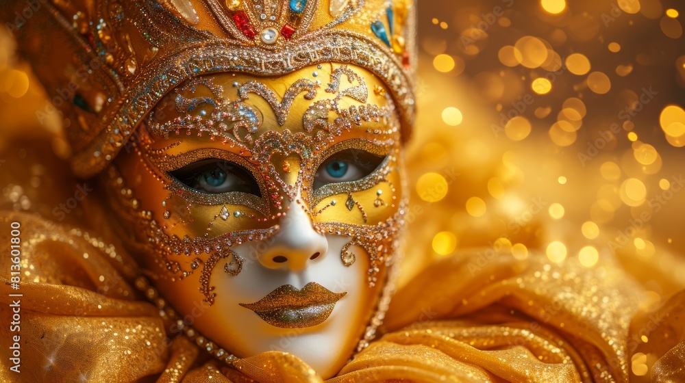Elegant Venetian Mask Adorned With Jewels On Yellow Satin Fabric Surrounded by Sparkles Elegant Venetian Mask Adorned With Jewels On Yellow Satin Fabric Surrounded by Sparkles