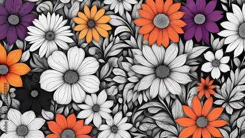 Abstract background of colorful and white flowers in different color as a wallpaper. Blue  yellow  pink  purple  orange  red